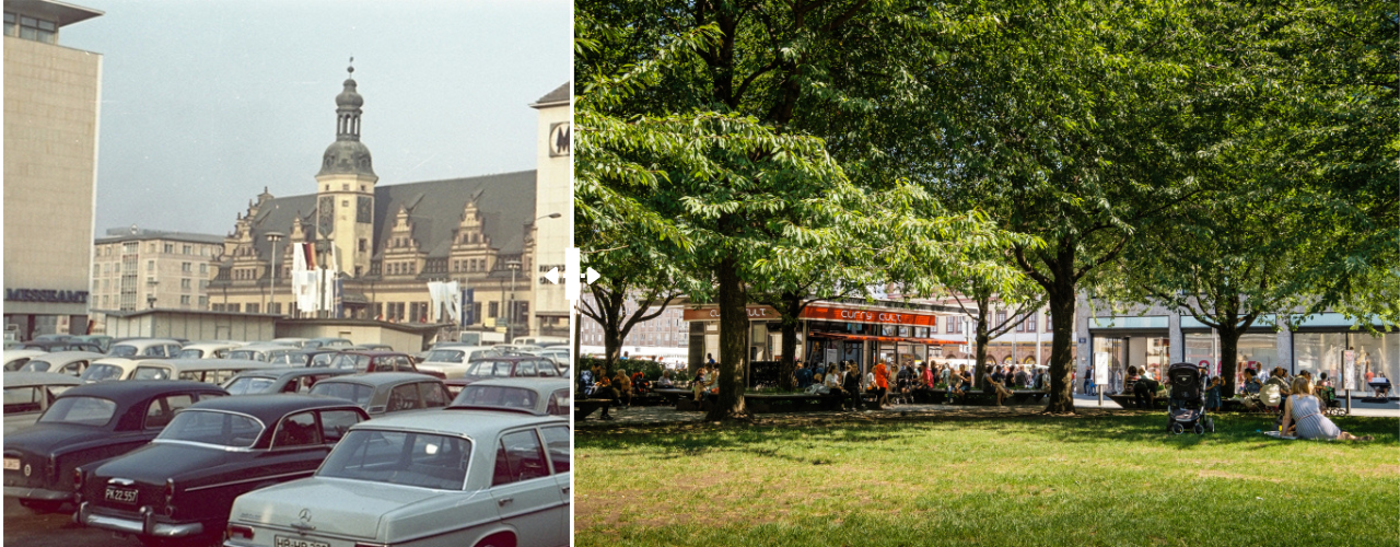 Stadtplatz am Leipziger Marktplatz. Vorher alles voller Autos (linke Bildseite) Nach dem Umbau grüne Insel mit vielen Bäumen und Sitzgelegenheiten