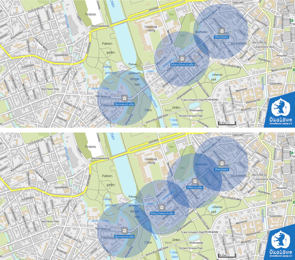 Straßenbahn-Haltestellen auf der Käthe-Kollwitz-Straße im Bachviertel in Leipzig auf Höhe Plagwitzer Brücke, Moschelesstraße, Thomasschule, Schreberbad, Westplatz mit 300 Meter Radius