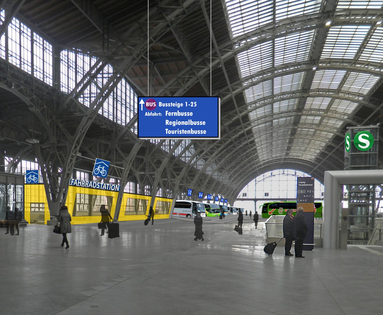in die Kuppel der Gleise im Hauptbahnhof sind Menschen, Reisebusse in einem Busbahnhof und eine Fahrradstation hineinmontiert. Eine Anzeigetafeln führt zu dem Busbahnhof.