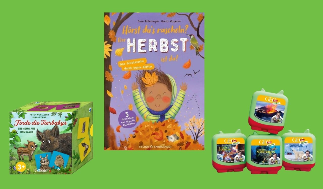 Drei neue Medien für Kinder in der Umweltbibliothek Leipzig: Vorlesebuch „Hörst du’s rascheln?“, Memo-Spiel „Finde die Tierbabys“ und Tonies GEOlino Mini Set