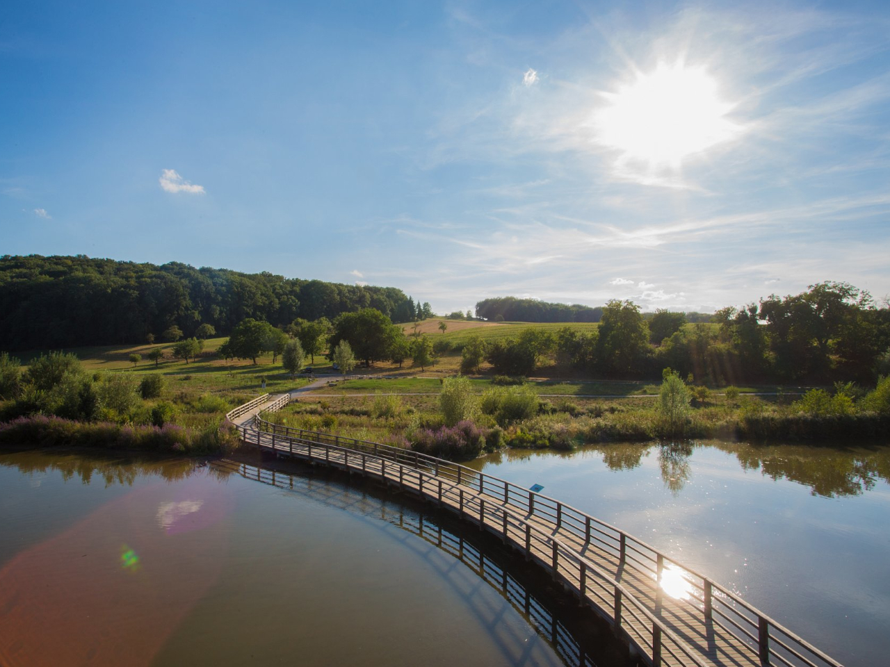 Ein Naturweg entlang des Neckars mit einem Holzsteg über das Gewässer