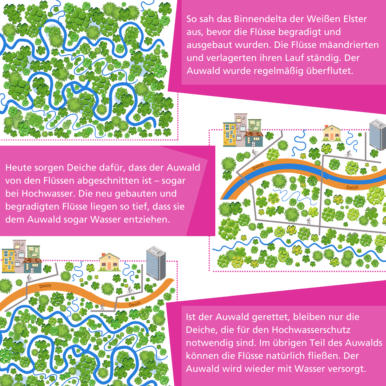 Der Auwald früher, der Auwald heute. Vor den baulichen Eingriffen des Menschen war der Leipziger Auwald Teil eines großen Binnendeltas der Weißen Elster vor ihrer Mündung in die Saale.