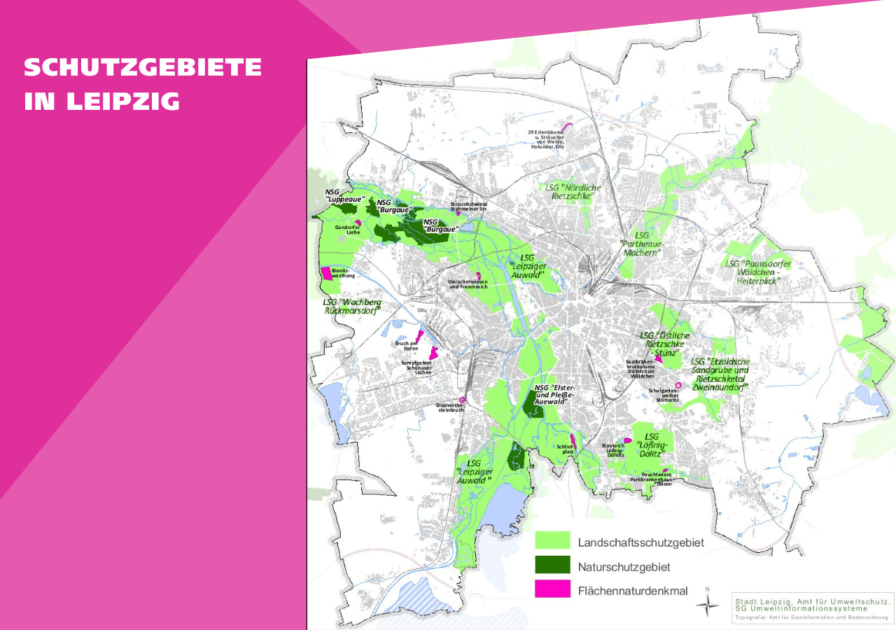 Das umfangreichste Schutzgebiet ist das Landschaftsschutzgebiet Leipziger Auwald mit einer Fläche von 59 km².