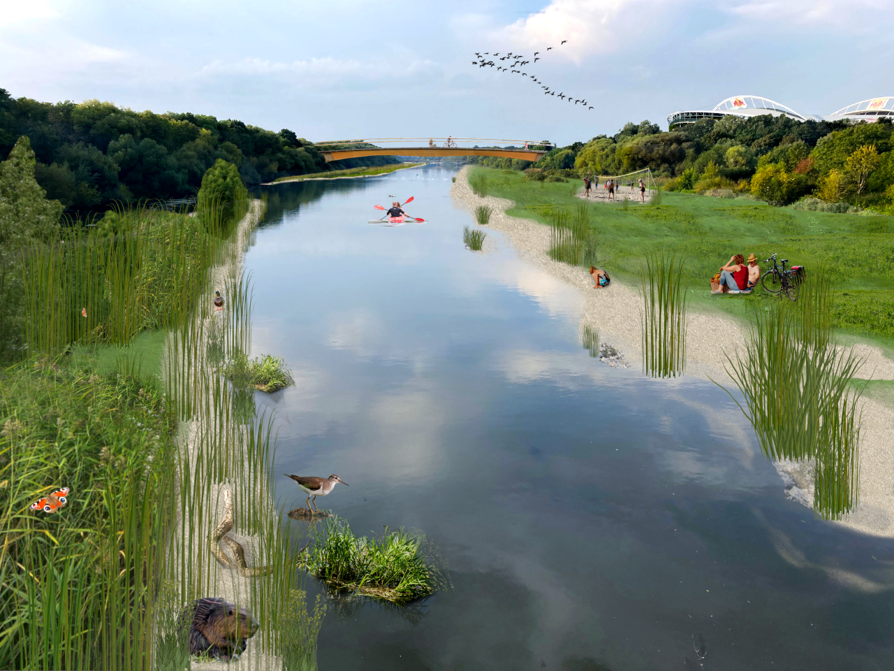 Eine Visualisierung, wie eine Flusslandschaft im Elsterbecken in Leipzig konkret aussehen könnte.
