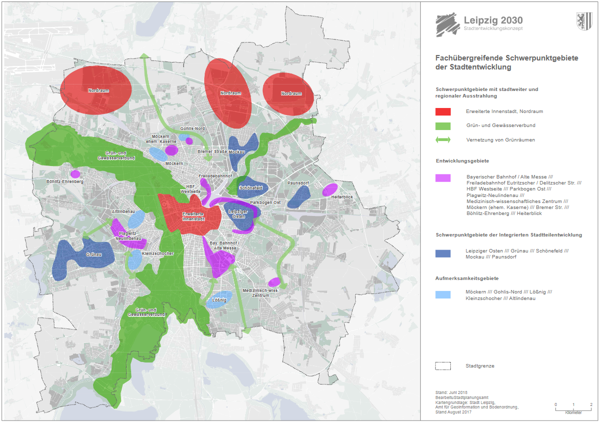schematische Karte aus dem integrierten Stadtentwicklungskonzept Leipzig 2023 (INSEK) zeigt Schwerpunktgebiete der Stadtentwicklung. Z.b. Wirtschaft im Leipziger Norden. Eine gebogene grüne Fläche zeigt den Biotopverbund Leipziger Auwald