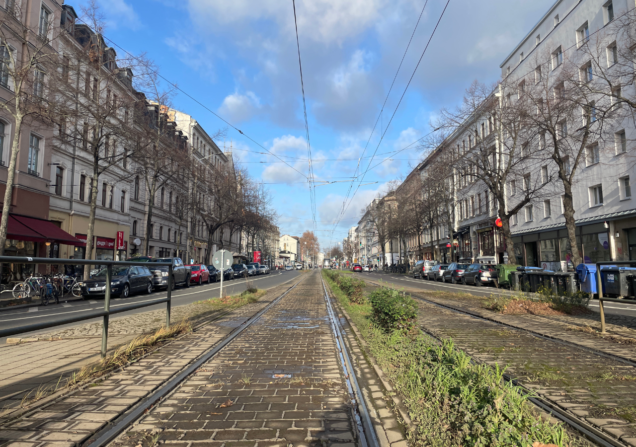 Straßenbahngleise aktuell auf der Karli zwischen Kurt-Eisner-Straße und Südplatz noch ohne Rasengleise und stattdessen mit einer Pflasterung und einer kleinen Hecke in der Mitte