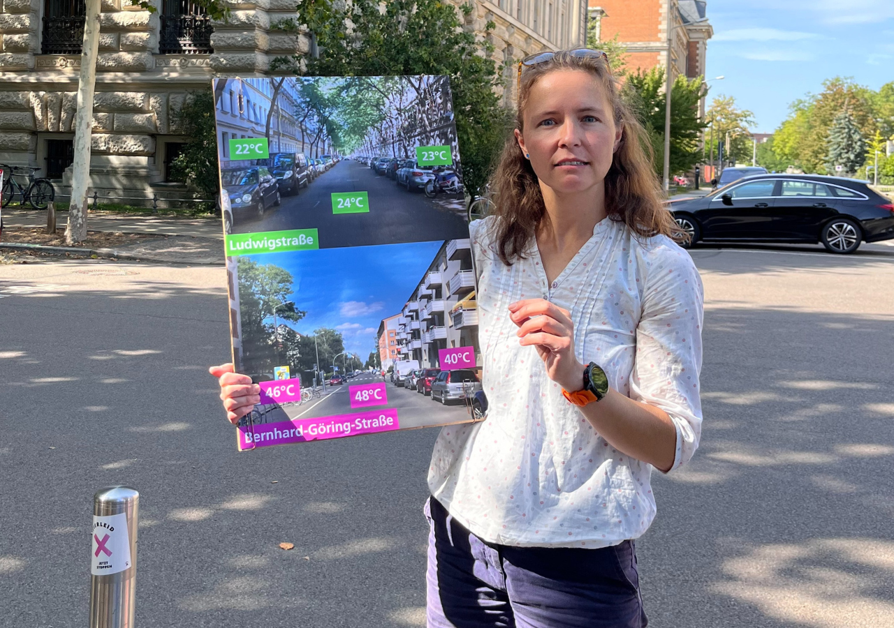 Auf dem Bild erklärt Ökolöwen Geschäftsführerin Christiane Heinichen mit Hilfe einer Grafik:  Straßenbäume spenden Schatten und verdunsten Wasser.